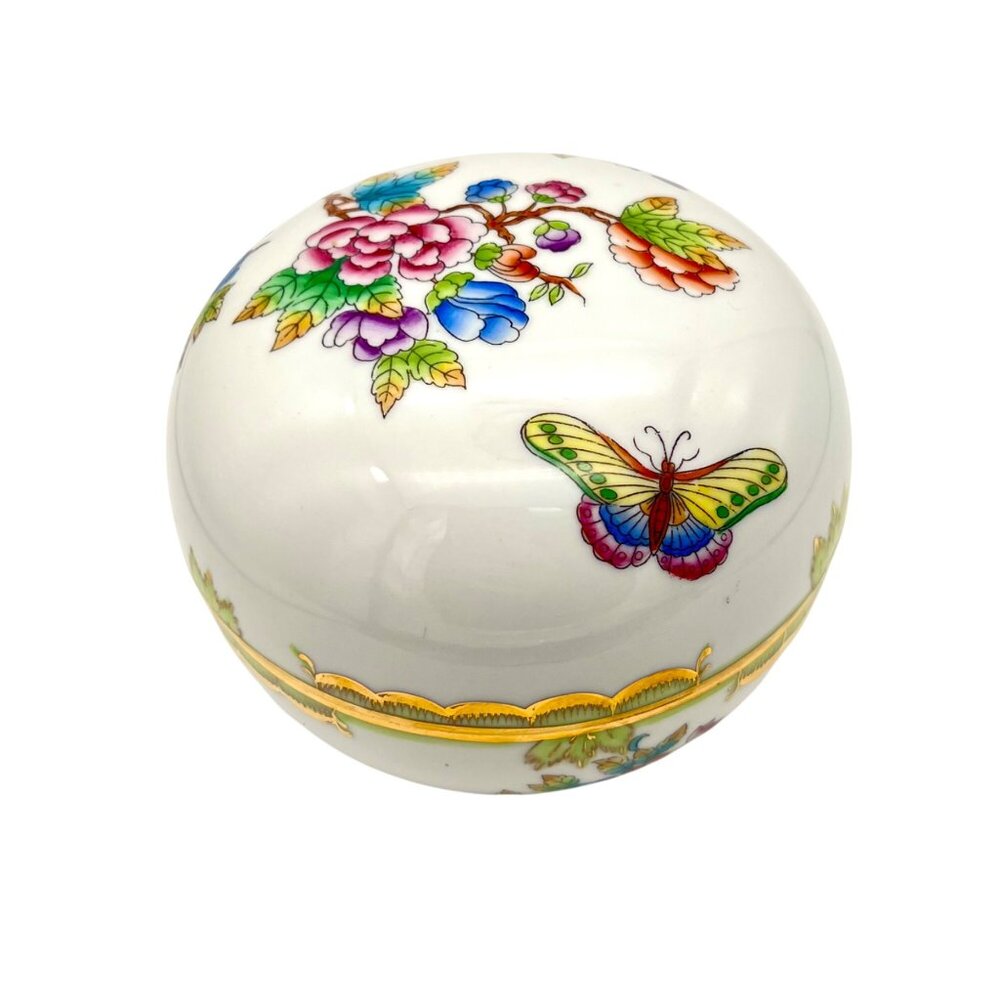 Herend Porcelain Round Trinket Box Bonbonniere Queen Victoria Green Rim  4.25" D